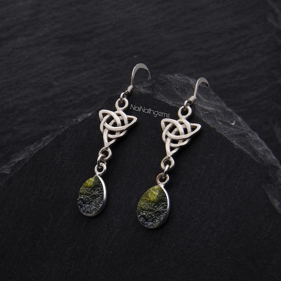 A-grade Chlum Moldavite Earrings In 925 Sterling Silver, 18k Gold Plated, Certified Czech Gem.