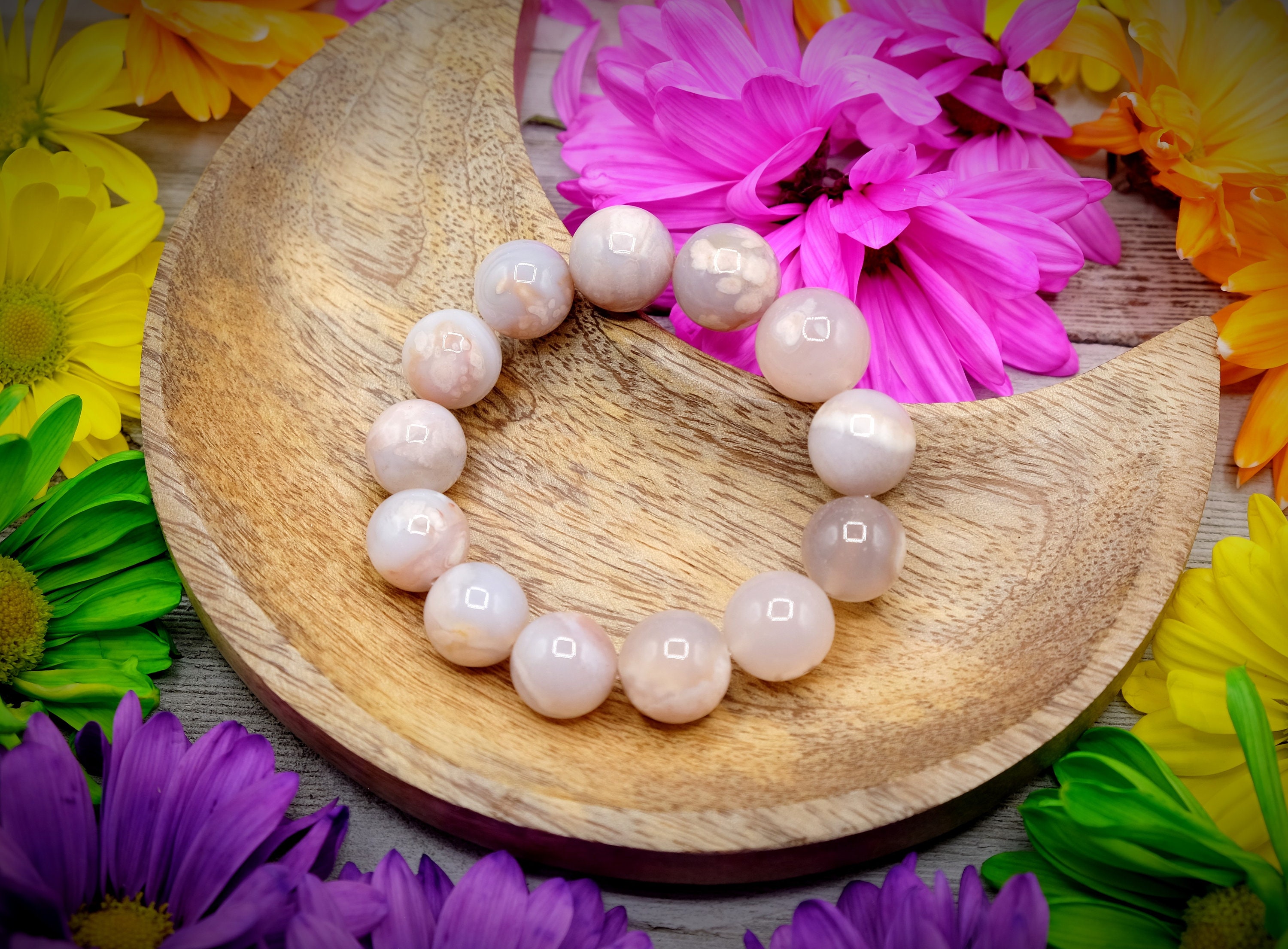 16mm Pink Sakura Agate Cherry Blossom Flower Agate Bracelet