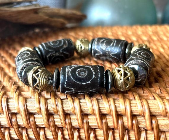 Bold Tibetan Agate Bracelet, Rich Brown Bracelet, Chunky 8” Long, African Brass Metal Beads, Brown And Gold Bracelet Bold Tibetan Agate Bracelet, Rich Brown Bracelet, Chunky 8” Long, African Brass Metal Beads, Brown And Gold Bracelet