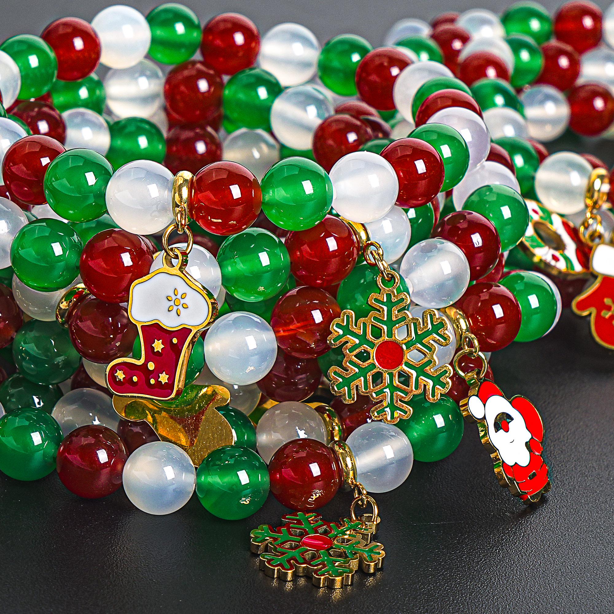 Christmas Bracelets 7.5" 8mm Red Green White Agate Bracelets Natural Agate Christmas Accessory Gift Christmas Ornaments Gold Charms