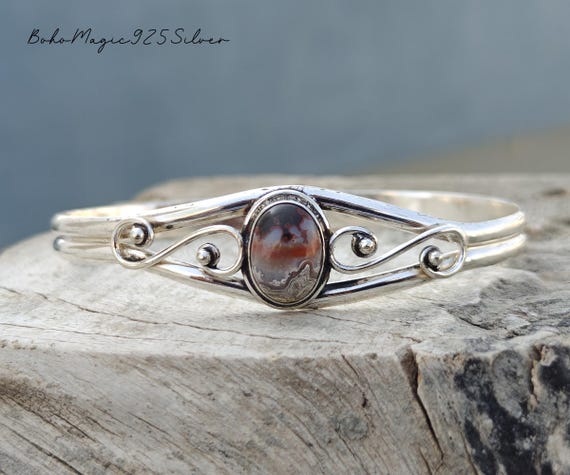 Handmade Crazy Lace Agate Bangle: Adjustable 925 Sterling Silver Cuff