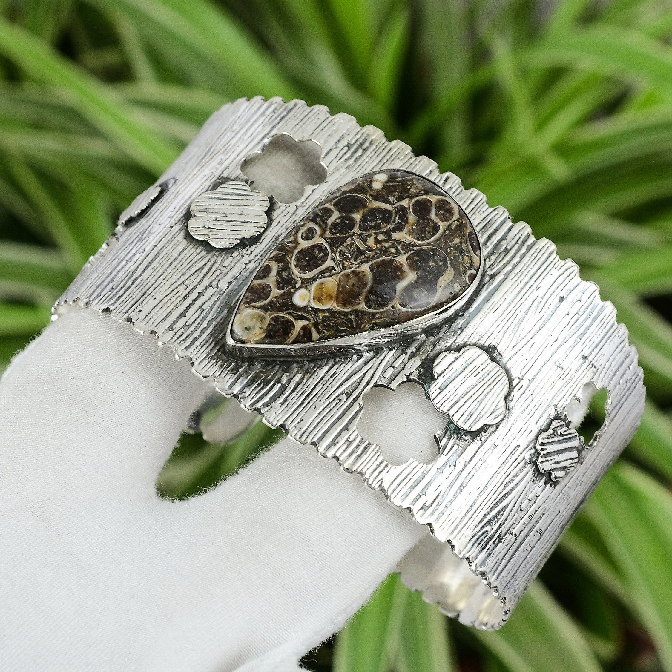 Handmade Turritella Agate Cuff Bracelet: Adjustable Sterling Silver Bangle