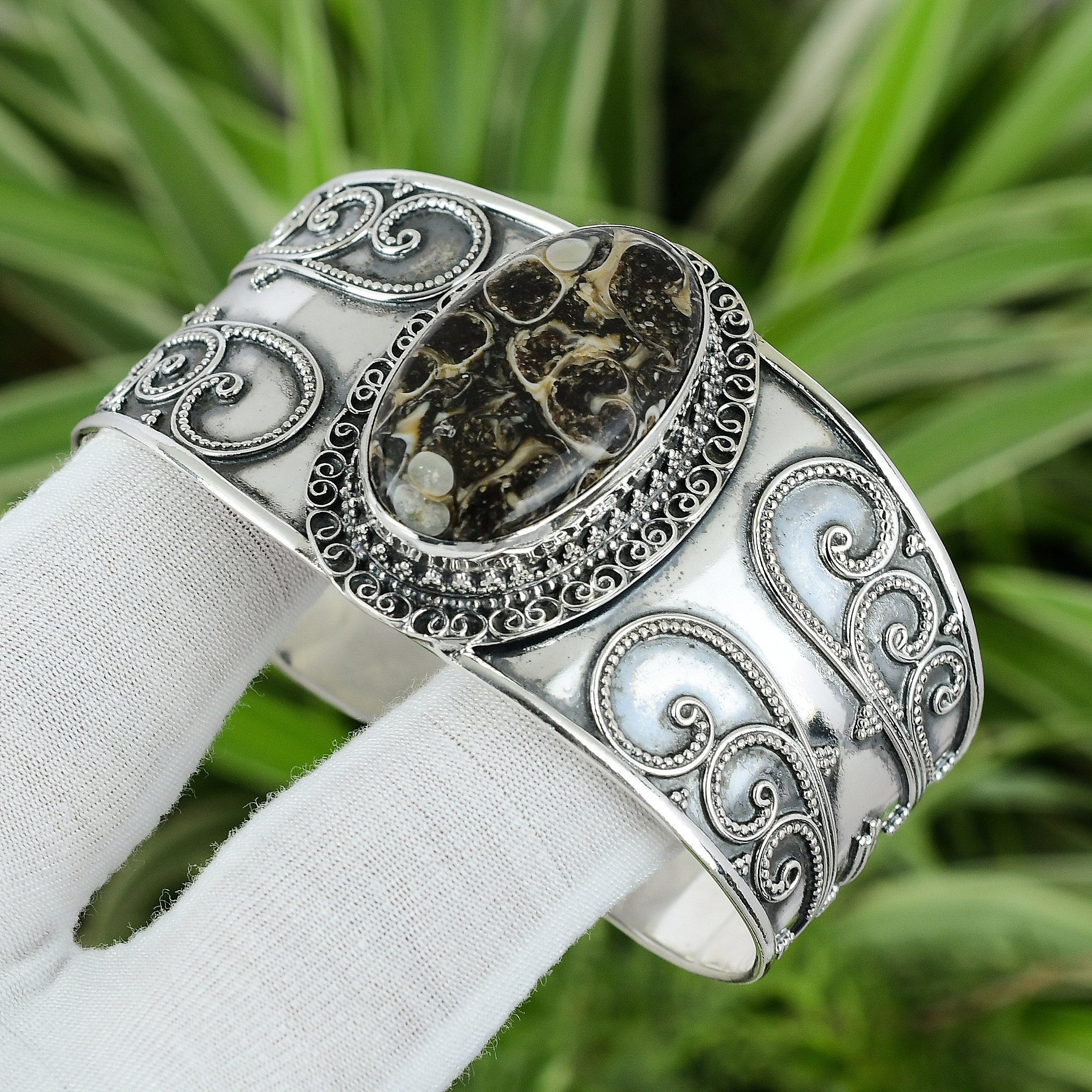 Handmade Turritella Agate Cuff: Adjustable Sterling Silver Bangle