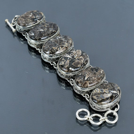 Handmade Turritella Agate Bracelet: Vintage 925 Sterling Silver Adjustable Chain Handmade Turritella Agate Bracelet: Vintage 925 Sterling Silver Adjustable Chain