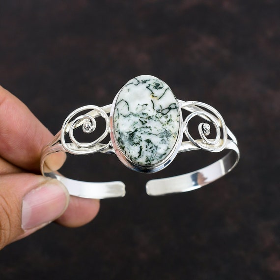 Tree Agate 925 Sterling Silver Cuff Bracelet - Adjustable Gemstone Bangle