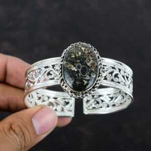 Turritella Agate Bangle: Handmade 925 Sterling Silver Adjustable Cuff