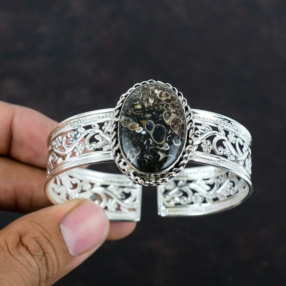 Turritella Agate Bangle: Handmade 925 Sterling Silver Adjustable Cuff
