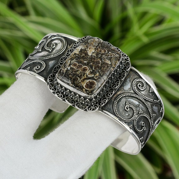 Turritella Agate Bangle: Handmade 925 Sterling Silver Cuff Bracelet
