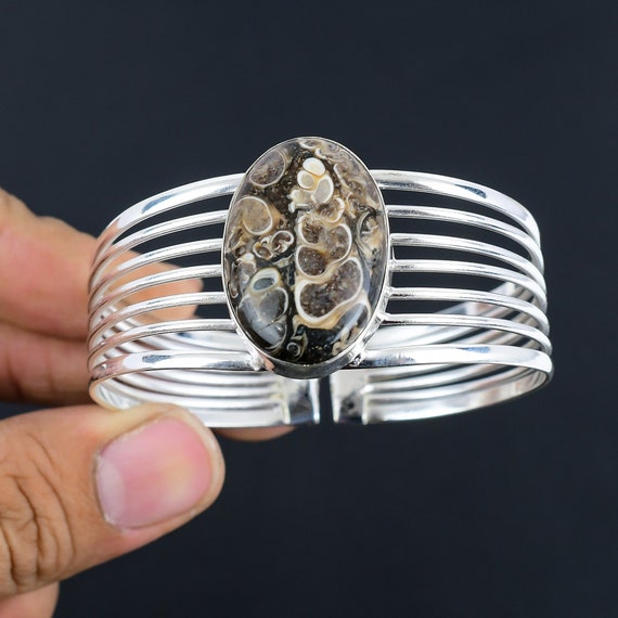 Turritella Agate Cuff Bracelet: Handmade 925 Sterling Silver Adjustable Bangle