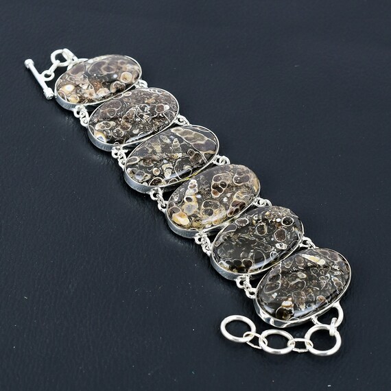 Turritella Agate Bracelet: Handmade 925 Sterling Silver Adjustable Chain