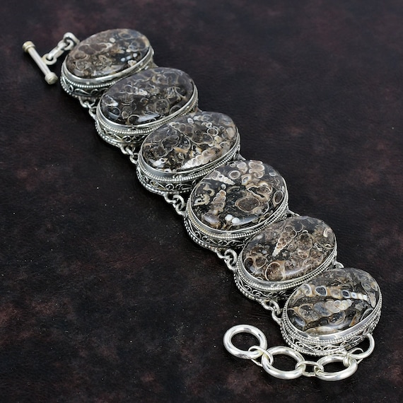 Turritella Agate Bracelet: Handmade 925 Sterling Silver Adjustable Chain