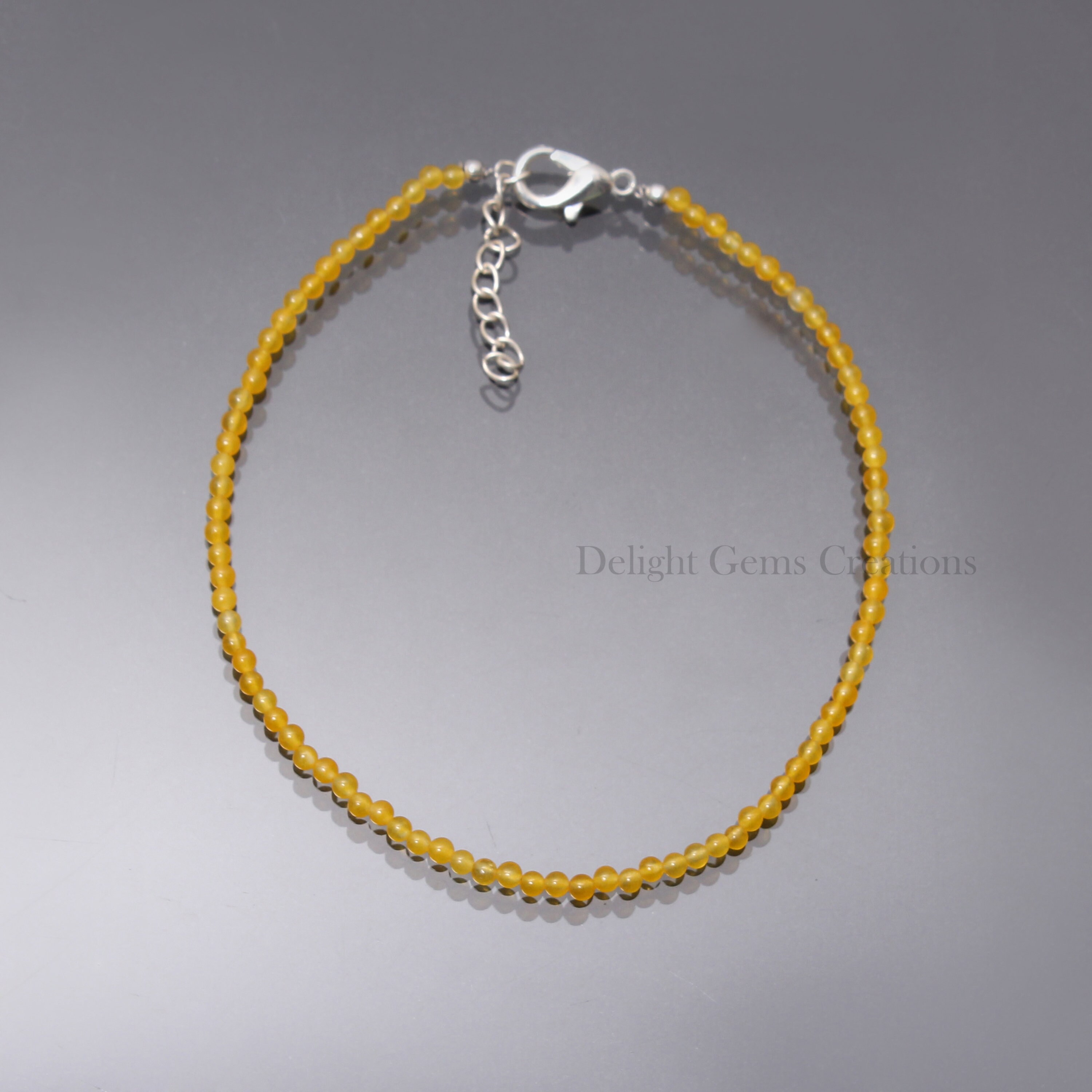Yellow Agate Gemstone Bracelet, Minimalist 925 Silver, 2.5mm Bead