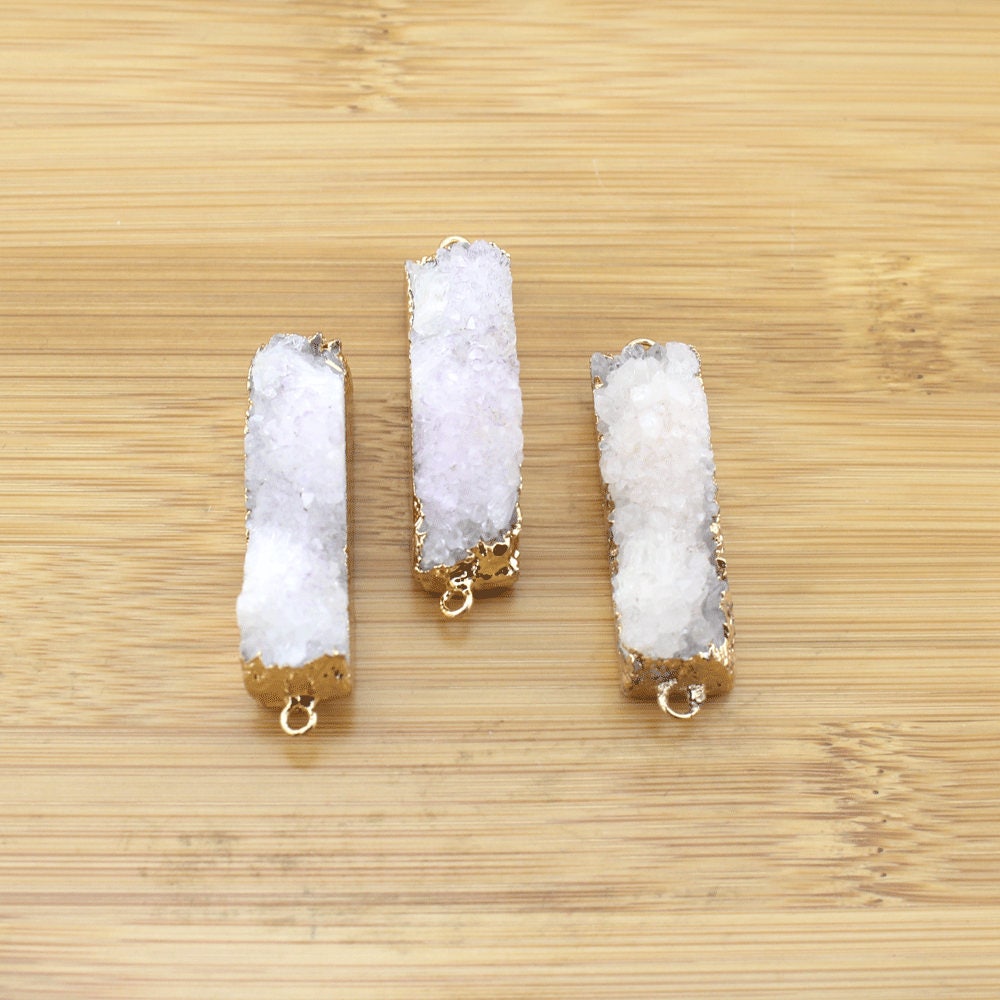 10x40mm--raw Crystal Druzy Charm With Gold Plated Edge, White Druzy Agate Connectors, Jewelry Making, Charms Supplies, Diy Charms---tr083