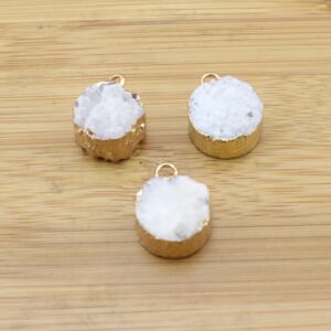 15mm Natural Raw Druzy Quartz Pendant, Agate Crystal Round Pendant Charm,gold Plated Edged Pendant,earring Necklace Pendant -tr150