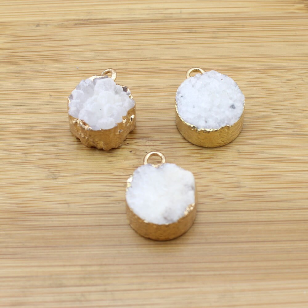 15mm Natural Raw Druzy Quartz Pendant, Agate Crystal Round Pendant Charm,gold Plated Edged Pendant,earring Necklace Pendant -tr150