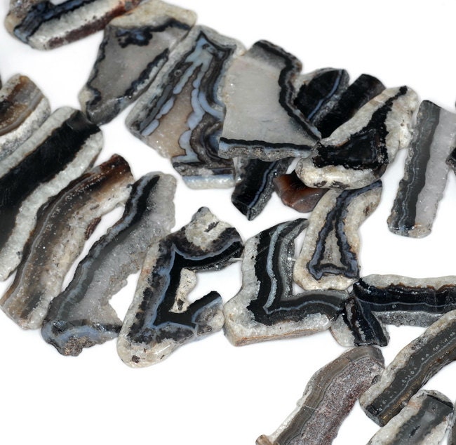 Black Lace Agate Gemstone Nugget Slice 55x35-25x15mm Loose Beads 15.5 Inch Full Strand (90189138-b46)
