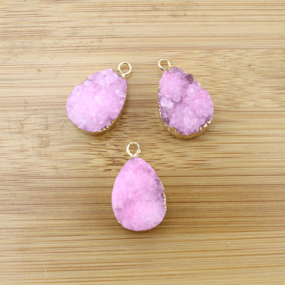 Wholesale Gold Plated Pink Quartz Druzy Pendant ,crystal Gemstone Charm, Raw Agate Rough Pendant,diy Jewelry Necklace Charms -tr-061