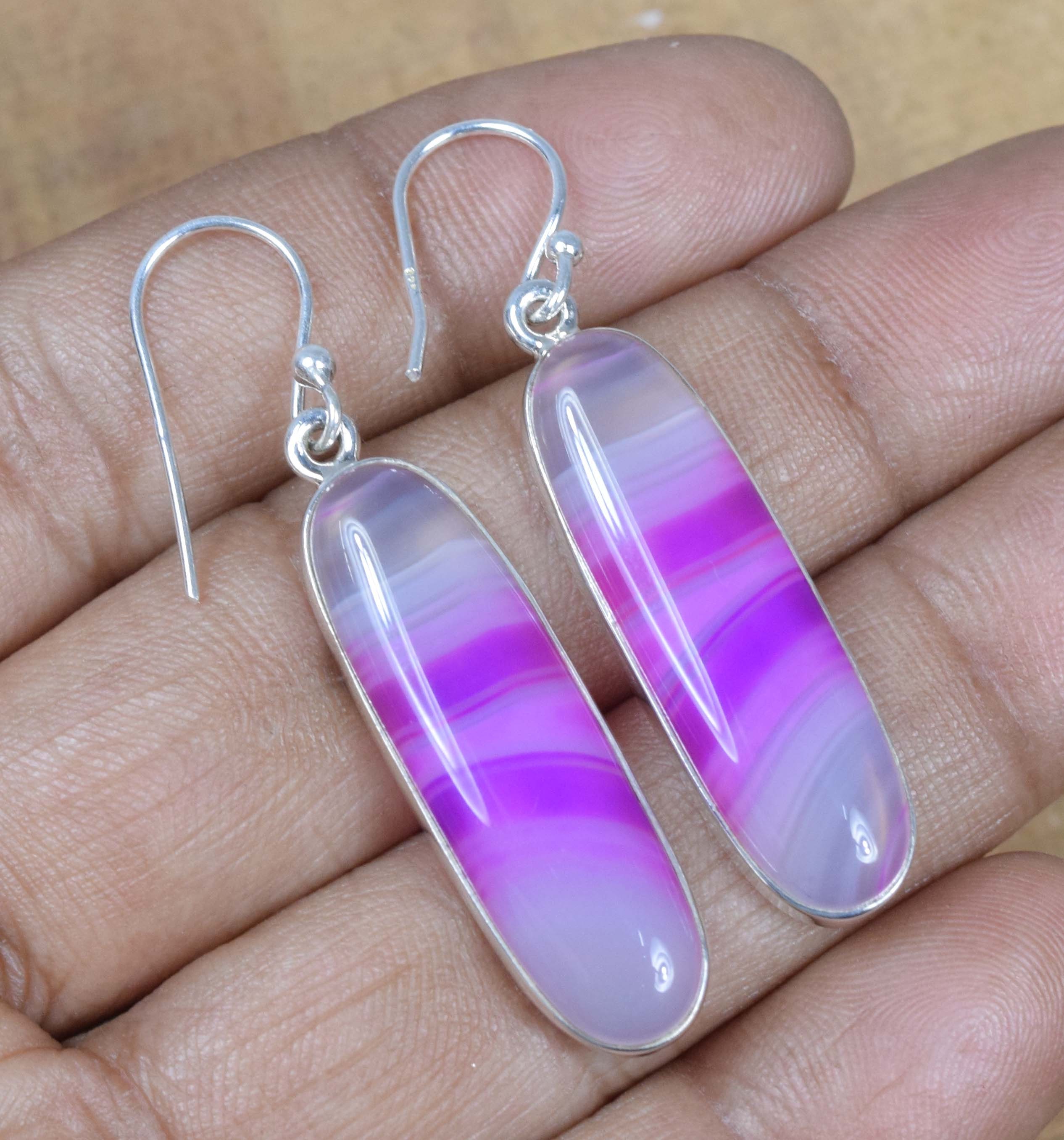 Handmade Purple Botswana Agate Sterling Silver Hook Earrings
