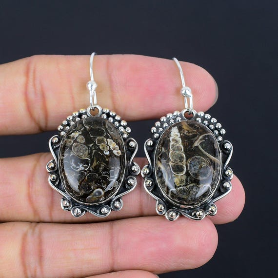 Handmade Turritella Agate Earrings: 925 Sterling Silver Gemstone Jewelry Handmade Turritella Agate Earrings: 925 Sterling Silver Gemstone Jewelry