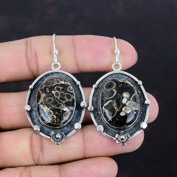 Handmade Turritella Agate Earrings: 925 Sterling Silver Gemstone Jewelry