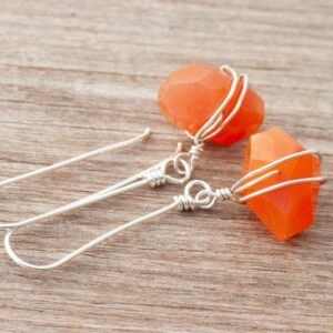 Peach Botswana Agate Earrings, Sterling Silver Wire Wrapped Orange Natural Stone, Long Handmade Ear Wires, Wire Wrapped Gemstone Nugget Peach Botswana Agate Earrings, Sterling Silver Wire Wrapped Orange Natural Stone, Long Handmade Ear Wires, Wire Wrapped Gemstone Nugget