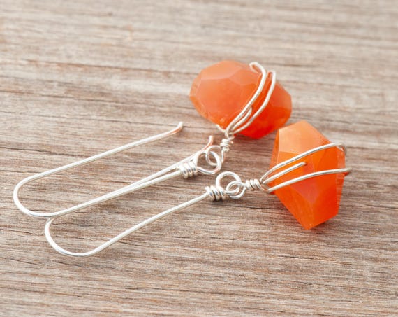 Peach Botswana Agate Earrings, Sterling Silver Wire Wrapped Orange Natural Stone, Long Handmade Ear Wires, Wire Wrapped Gemstone Nugget
