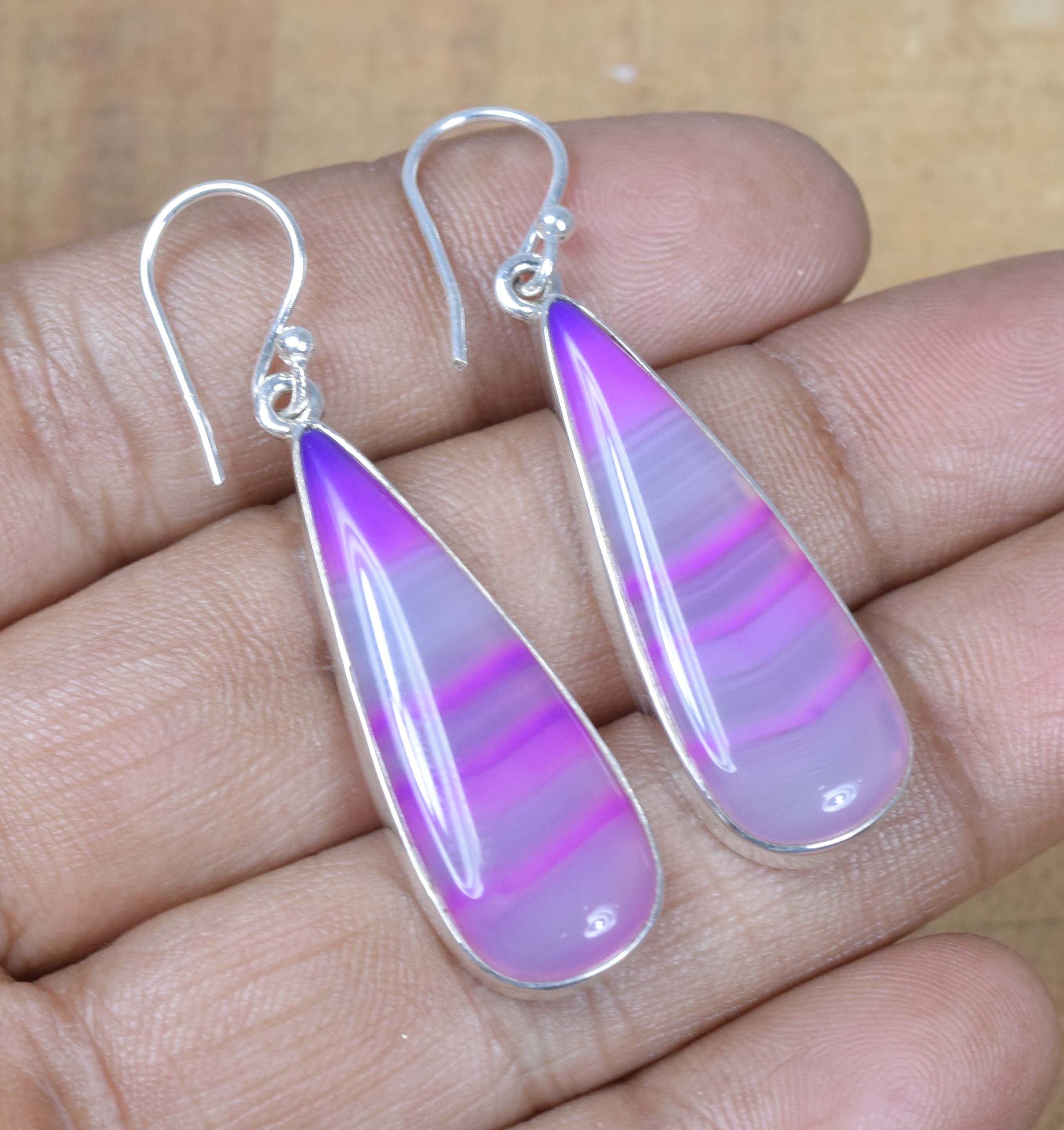 Purple Botswana Agate Earrings: 925 Sterling Silver Hook Dangle