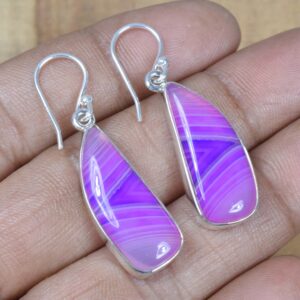 Purple Botswana Agate Earrings: Handmade 925 Sterling Silver Hook Jewelry Purple Botswana Agate Earrings: Handmade 925 Sterling Silver Hook Jewelry