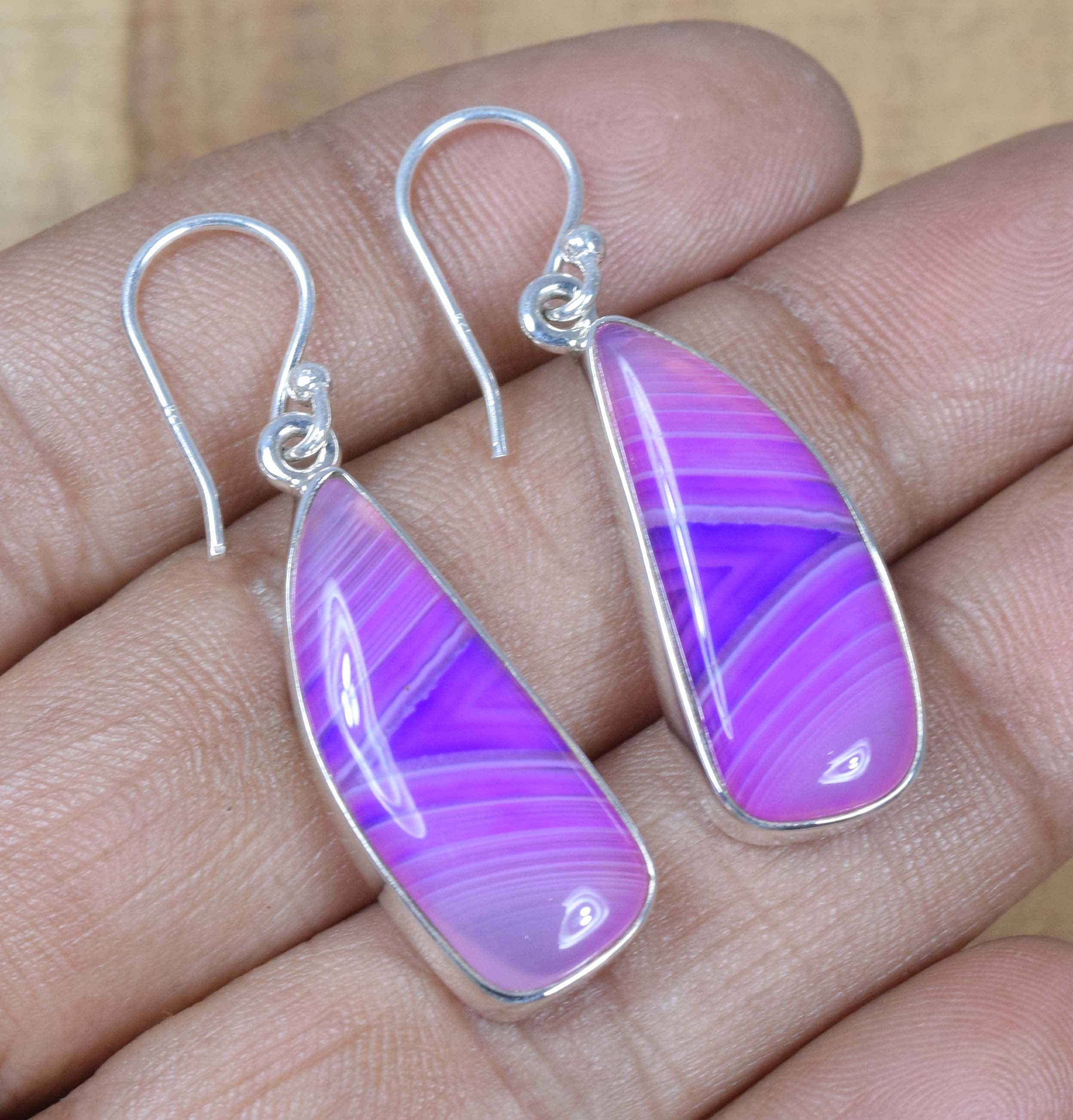 Purple Botswana Agate Earrings: Handmade 925 Sterling Silver Hook Jewelry