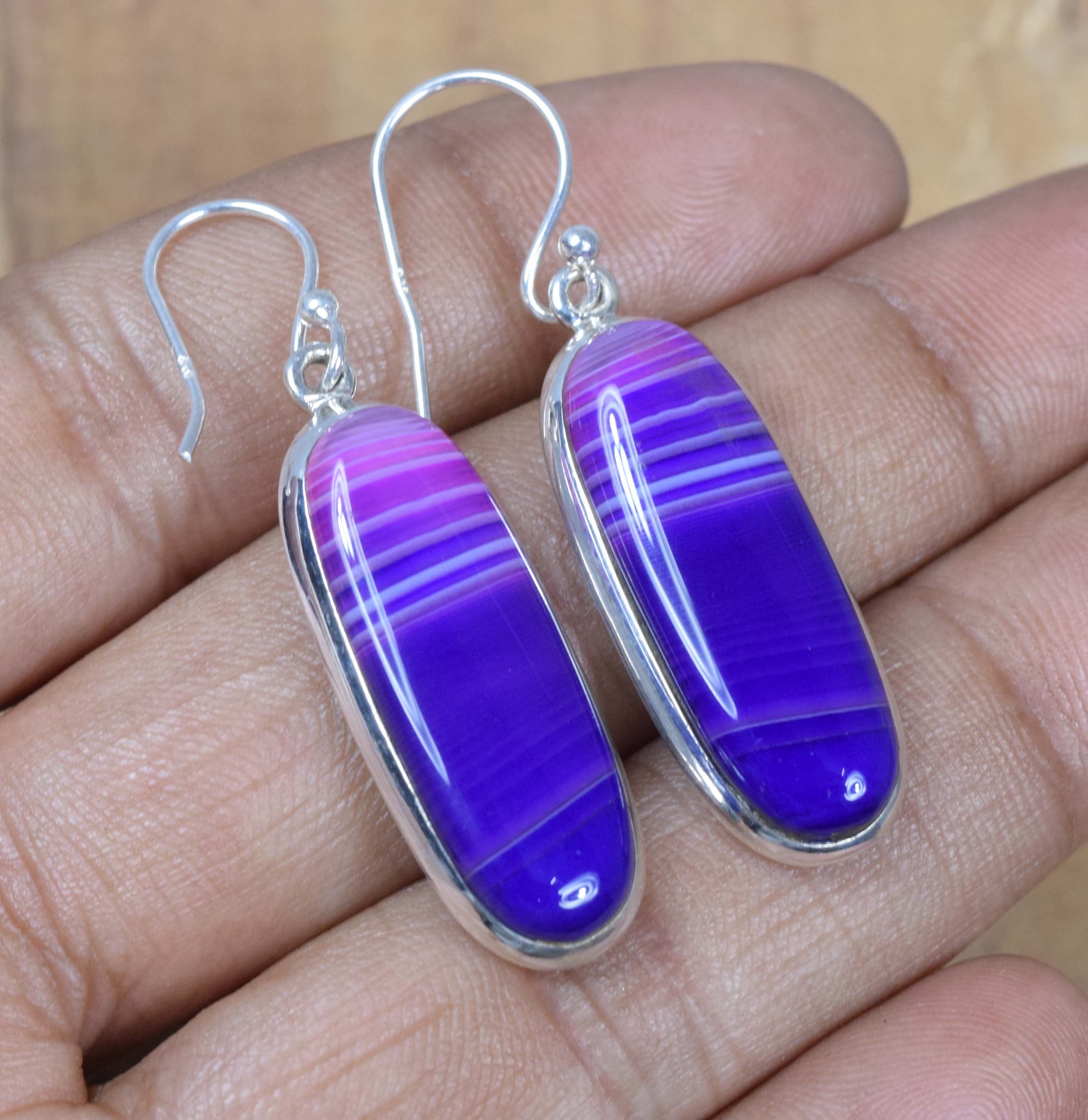 Purple Botswana Agate Sterling Silver Hook Earrings: Handmade Jewelry