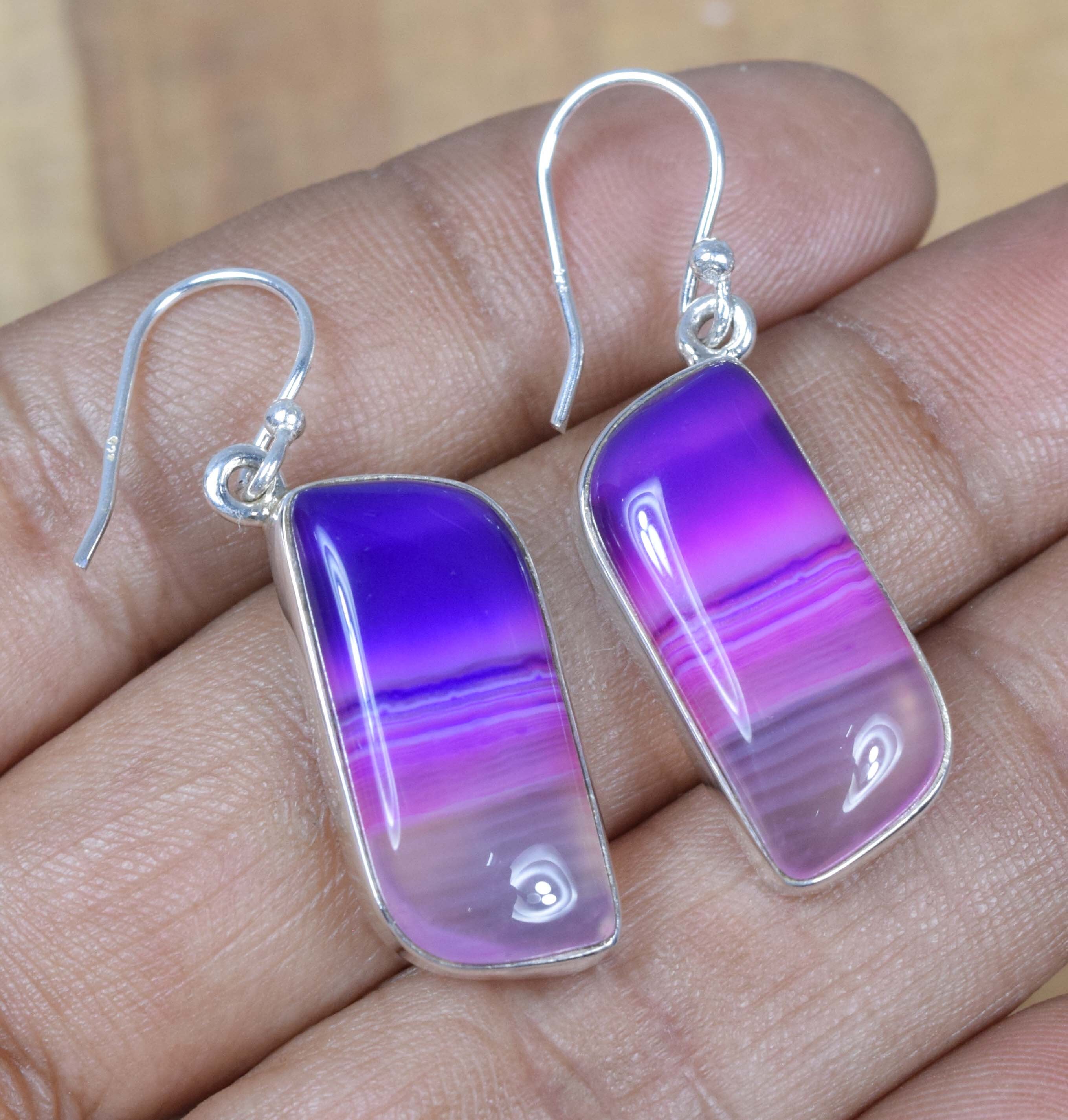 Purple Botswana Agate Sterling Silver Hook Earrings: Handmade Jewelry