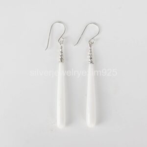 Teardrop White Agate Earrings, 925 Sterling Silver Long Drop