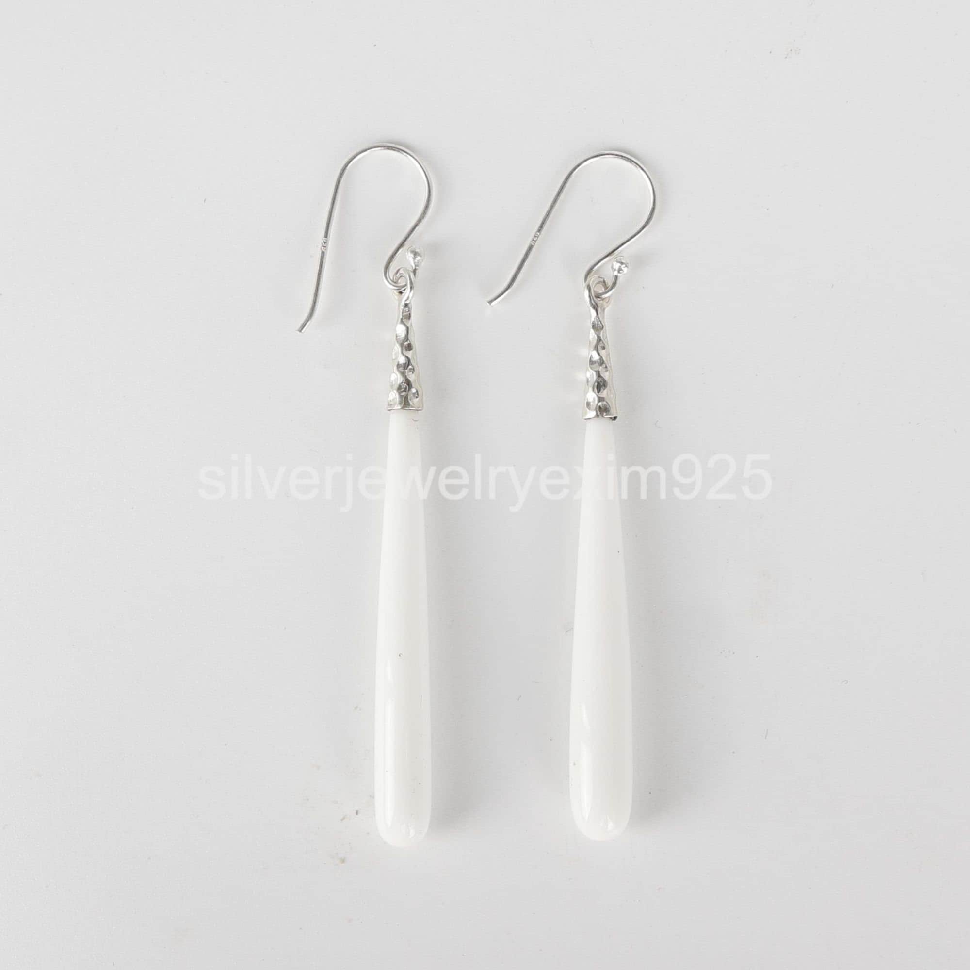 Teardrop White Agate Earrings, 925 Sterling Silver Long Drop