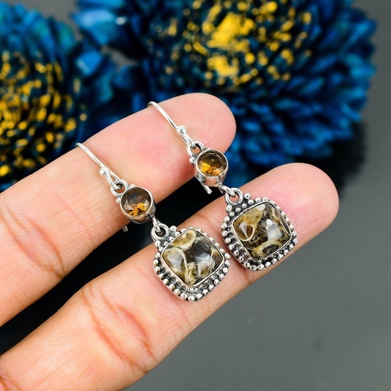 Turritella Agate Drop Earrings: Sterling Silver Dangle Jewelry Turritella Agate Drop Earrings: Sterling Silver Dangle Jewelry