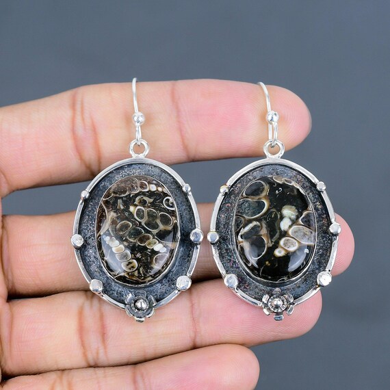 Turritella Agate Earrings: Handmade 925 Sterling Silver Dangle Jewelry Turritella Agate Earrings: Handmade 925 Sterling Silver Dangle Jewelry