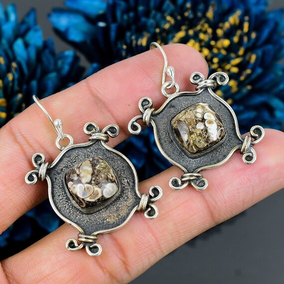 Turritella Agate Sterling Silver Earrings: Handmade Dangle Jewelry