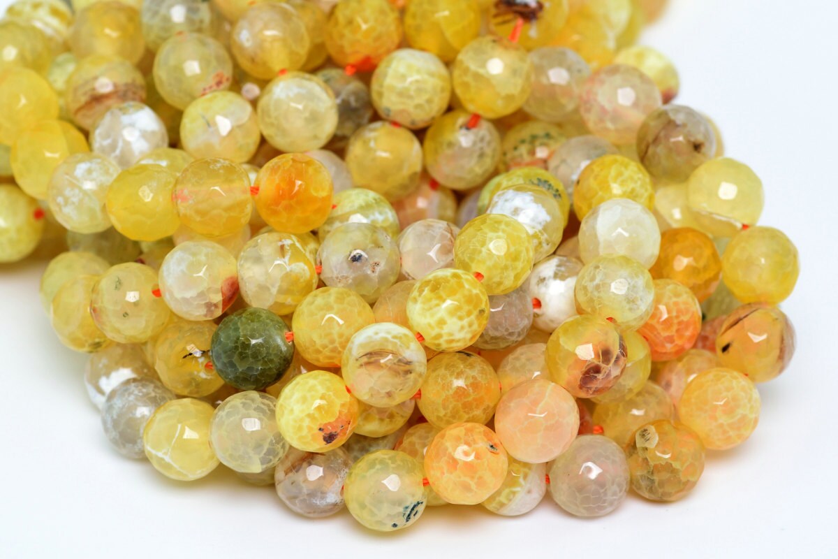 10mm Lemon Yellow Agate Beads Cracked Pattern Natural Gemstone Faceted Round Loose Beads 15"/7.5" Bulk Lot Options (100363)