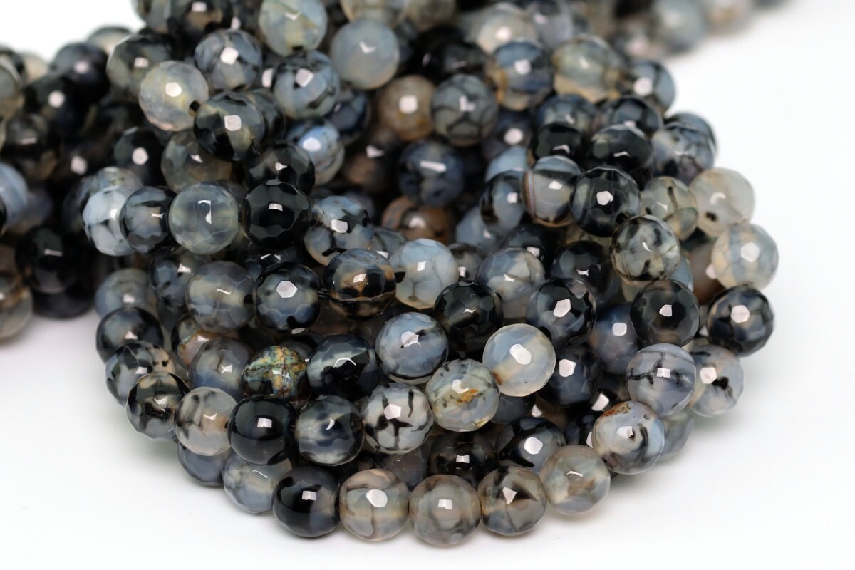 6mm Black And White Agate Beads Cracked Pattern Natural Gemstone Faceted Round Beads 15"/7.5" Bulk Lot Options (100338)