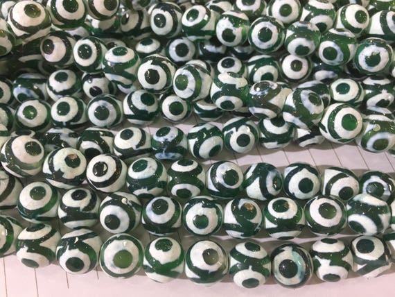 Green And White Dzi Agate Beads - Paste Gemstone Beads - Faceted Yellow And Grey Beads - Religious Beads - Tibetan Beads - 8-12mm -15inch