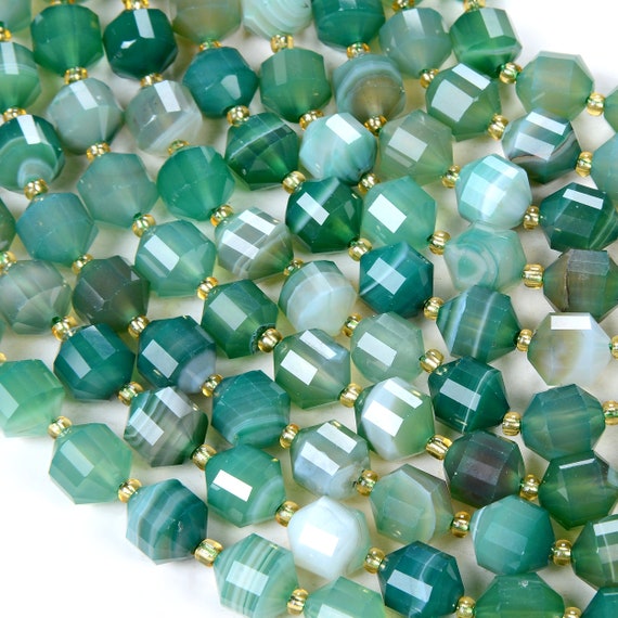 Green Banded Agate Gemstone Grade Aaa Faceted Prism Double Point Cut 8mm 10mm Loose Beads Bulk Lot 1,2,6,12 And 50 (d35)
