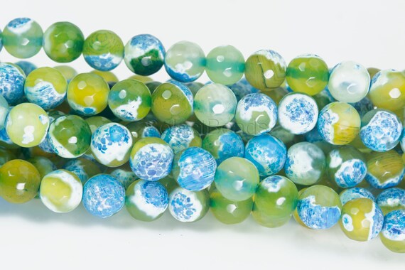 Lime And Blue Faceted Fire Agate Stone Beads -  Gemstone Agate Beads Supplies - Fire Agate For Jewelry Beading - Agate Round Beads -15 Inch