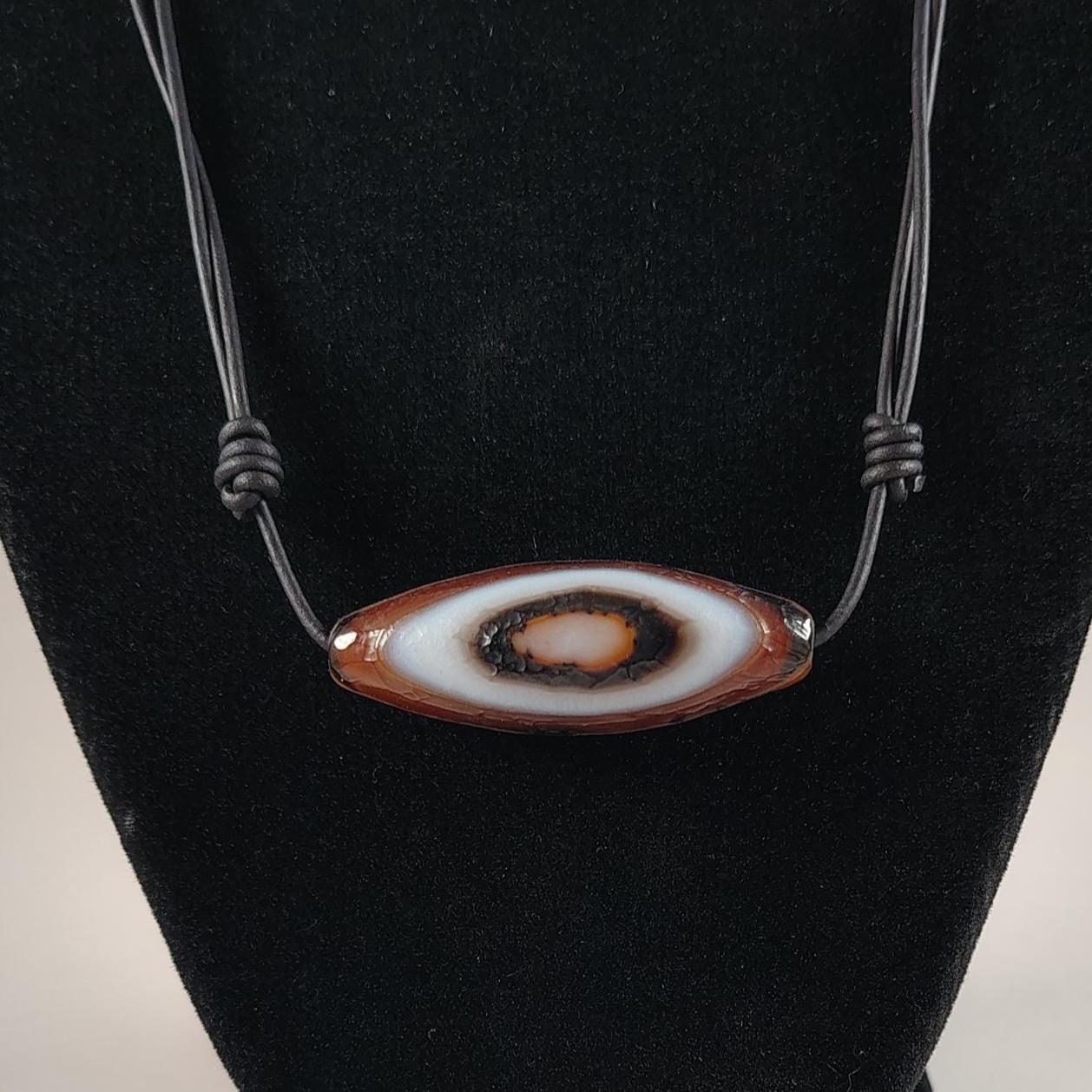 Antique Agate Bead Adjustable Leather Necklace Handmade By Chris Hay