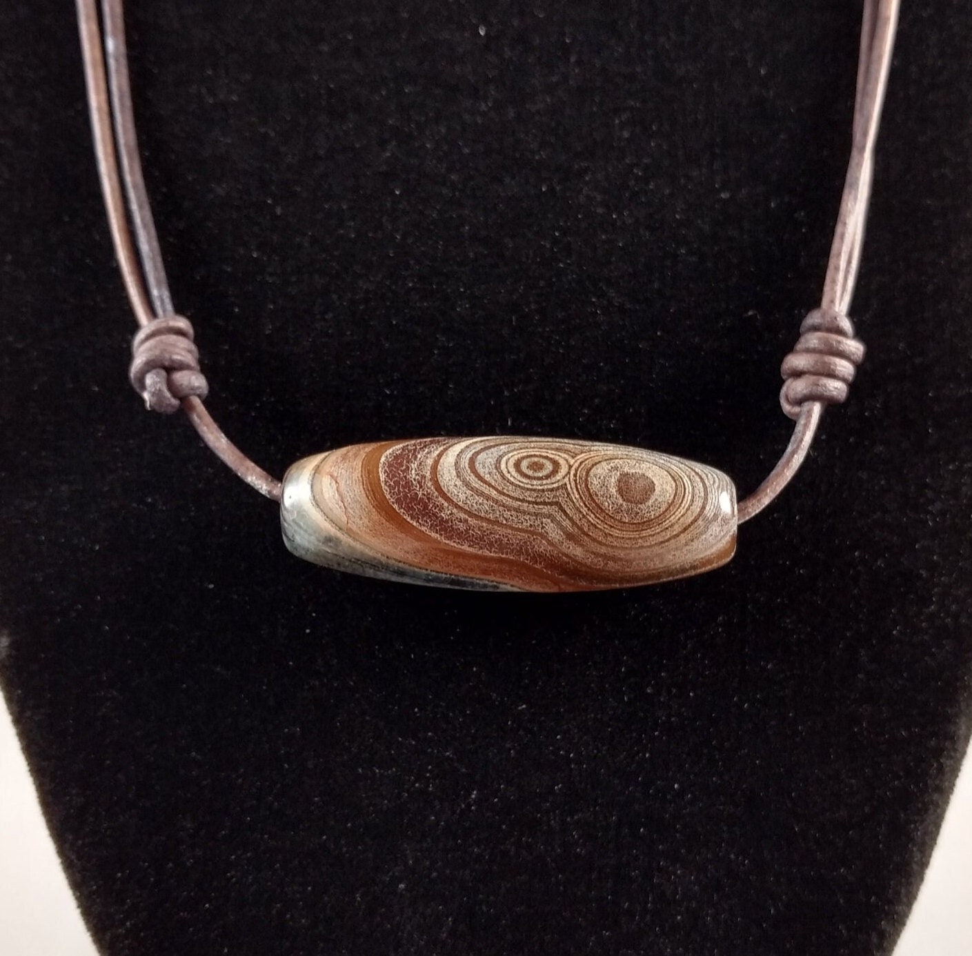 Antique Hand-cut Agate Bead Adjustable Leather Necklace Handmade By Chris Hay Antique Hand-cut Agate Bead Adjustable Leather Necklace Handmade By Chris Hay
