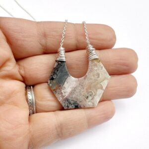 Crazy Lace Agate Necklace with Sterling Silver, Geometric Natural Gemstone Jewelry, Handmade in Seattle Ready to Ship Seattle Gifts for Her