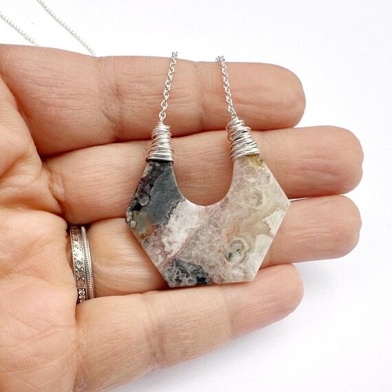 Crazy Lace Agate Necklace With Sterling Silver, Geometric Natural Gemstone Jewelry, Handmade In Seattle Ready To Ship Seattle Gifts For Her