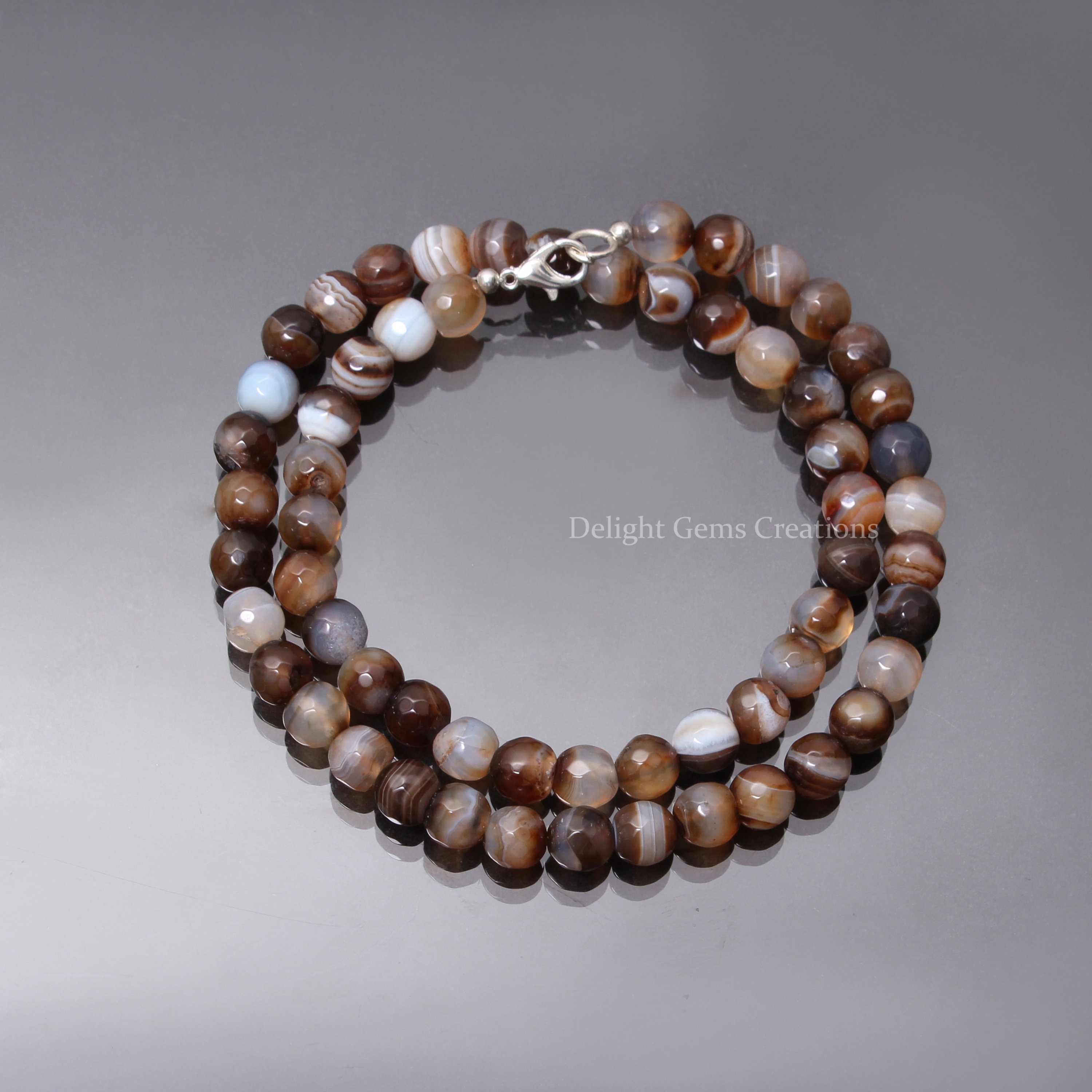 Faceted Chocolate Brown Agate Beaded Necklace, Sterling Silver Clasp, Handmade