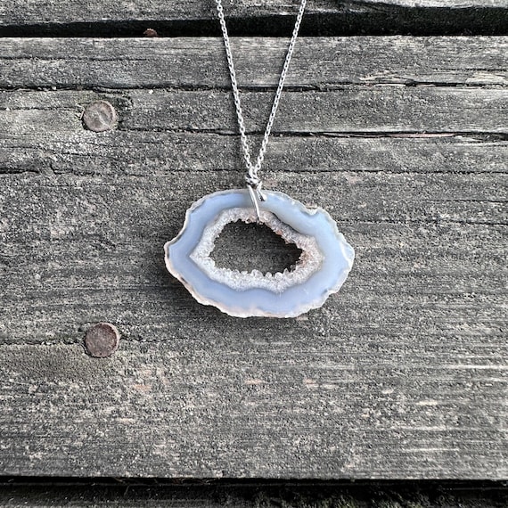 Geode Slice Silver Necklace, Crystal Quartz Clusters Silver Necklace, Crystal Quartz Cluster In Natural Agate Geode, Special Collection
