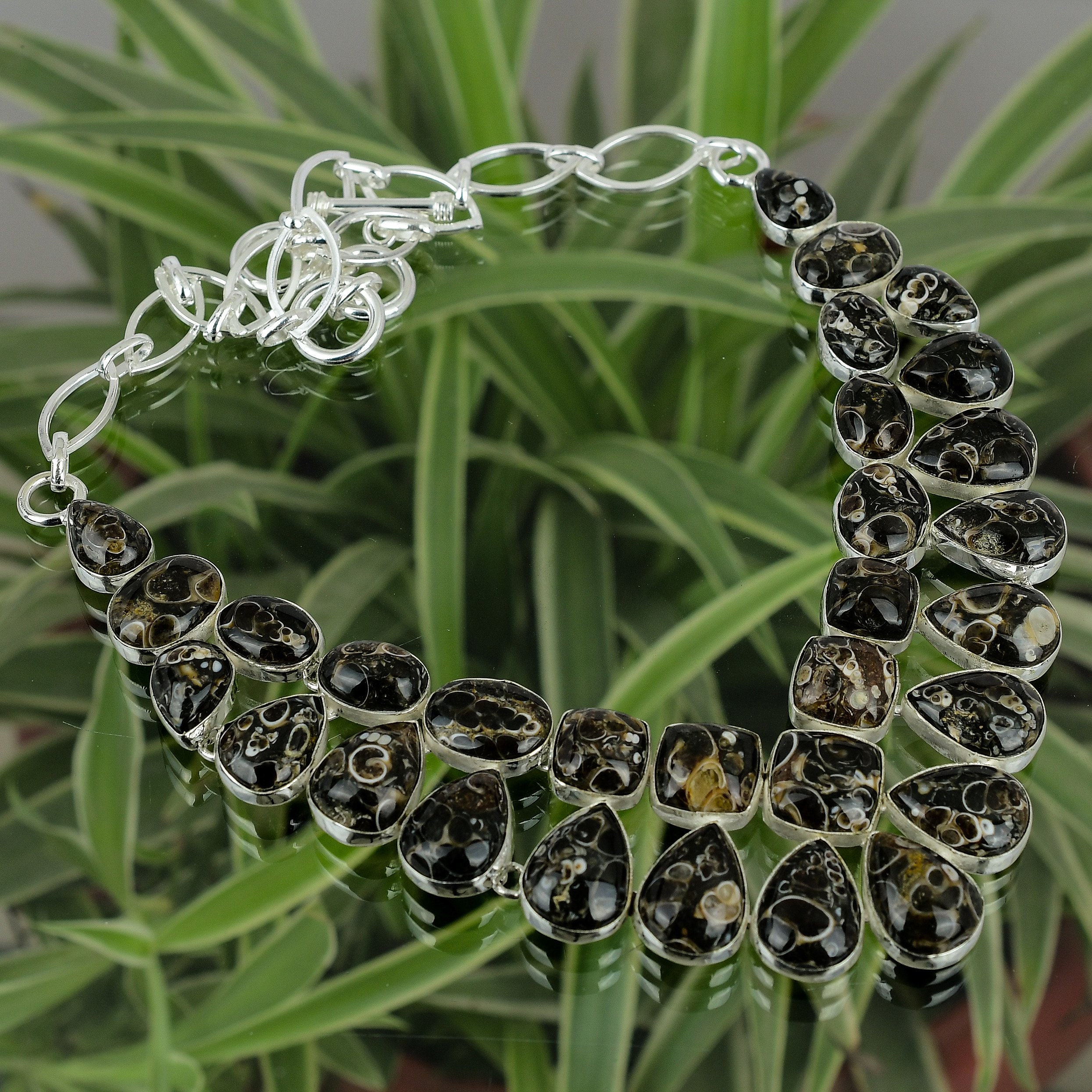 Handmade Turritella Agate Necklace: 925 Sterling Silver Adjustable Chain Handmade Turritella Agate Necklace: 925 Sterling Silver Adjustable Chain