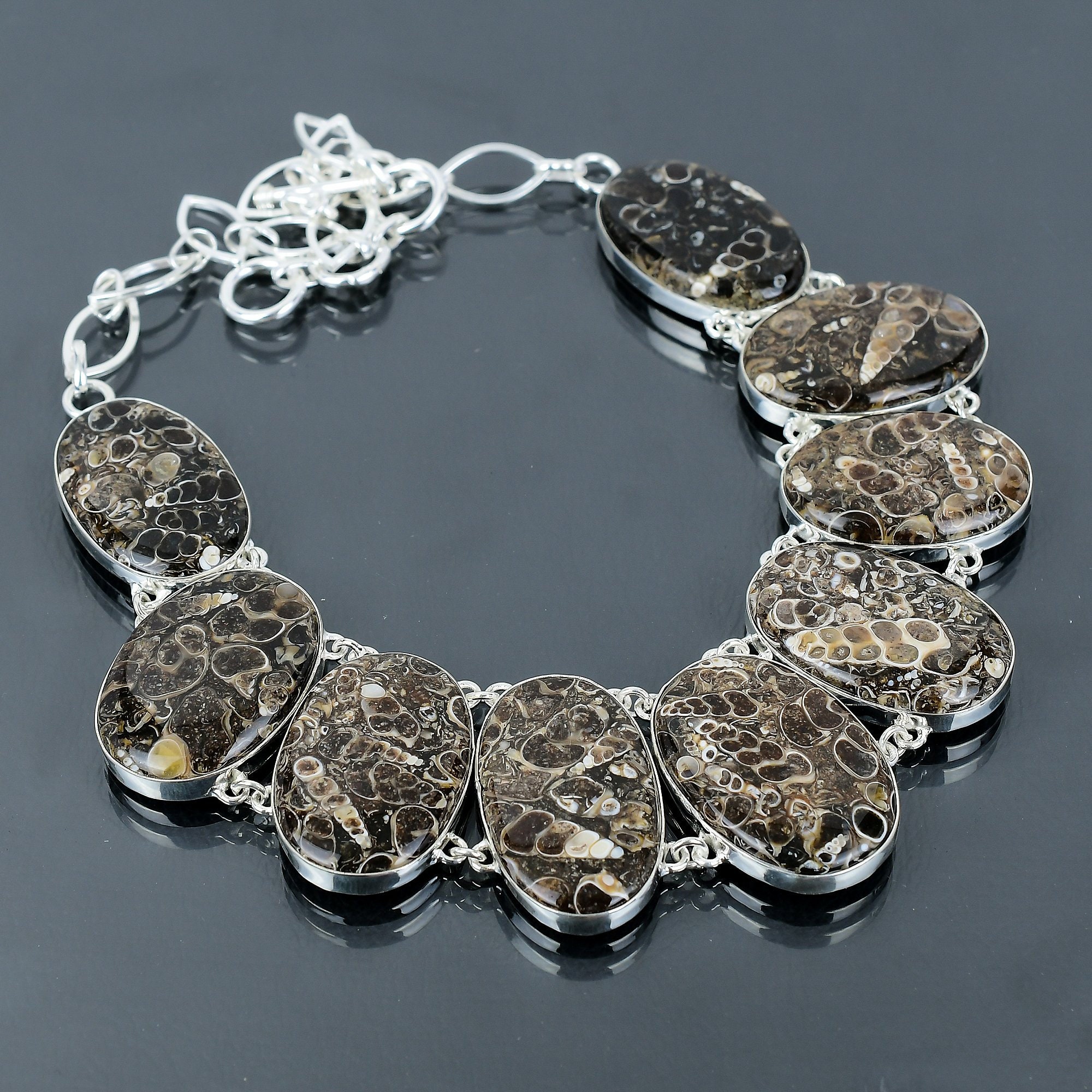 Handmade Turritella Agate Necklace: 925 Sterling Silver Adjustable Chain Handmade Turritella Agate Necklace: 925 Sterling Silver Adjustable Chain