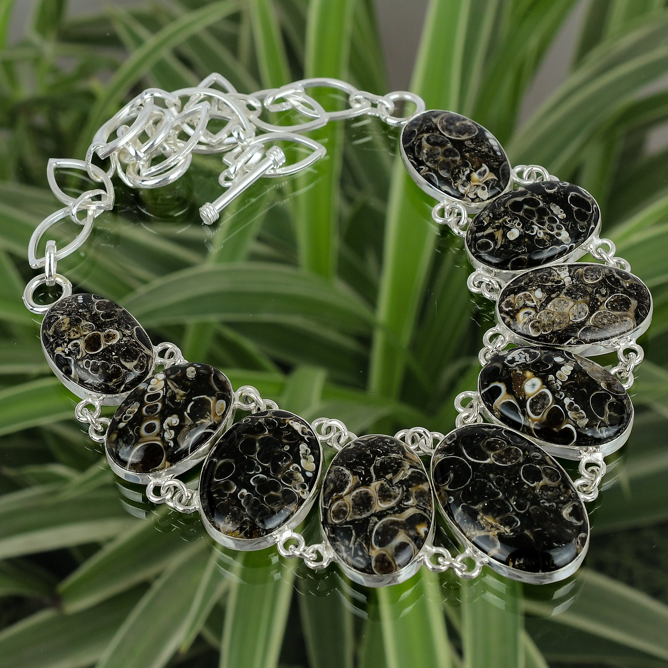 Handmade Turritella Agate Necklace: 925 Sterling Silver Adjustable Chain Handmade Turritella Agate Necklace: 925 Sterling Silver Adjustable Chain
